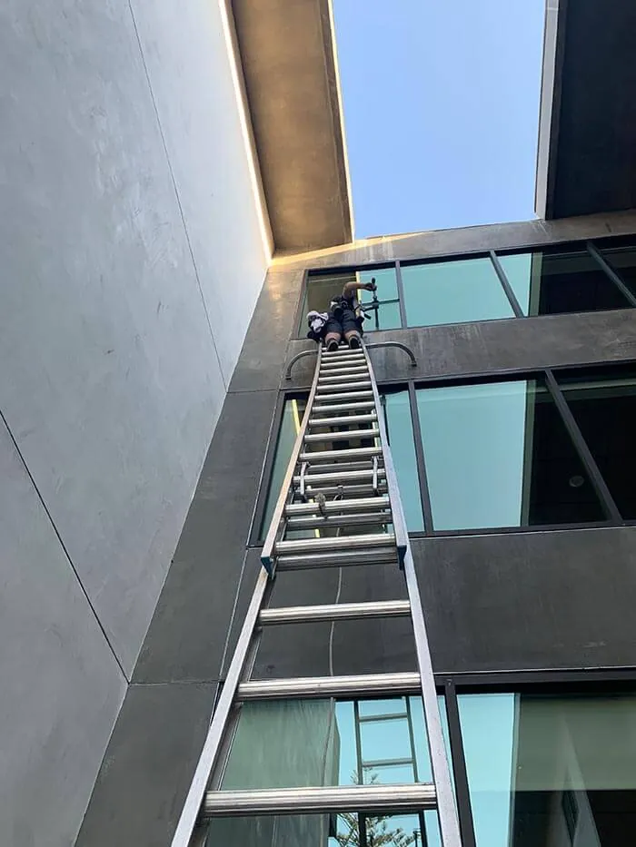 Ladder against a commercial building with blue tinted glass